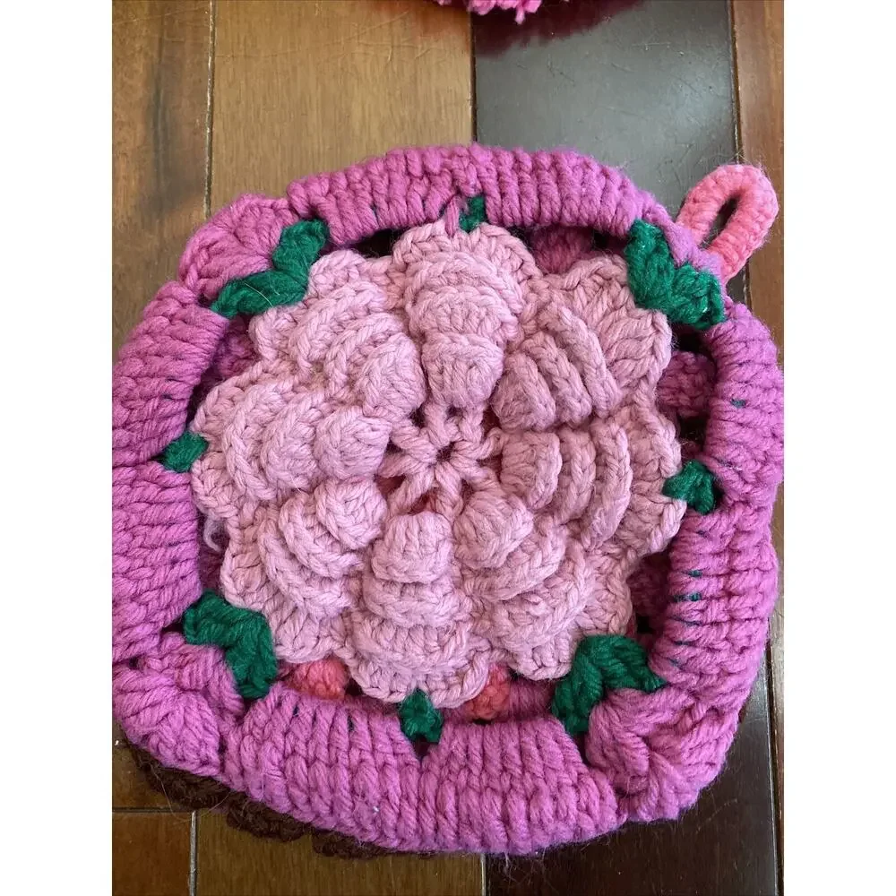 Vintage Crochet Potholders/‎ Hot Pads + crochet bottle dress (?).